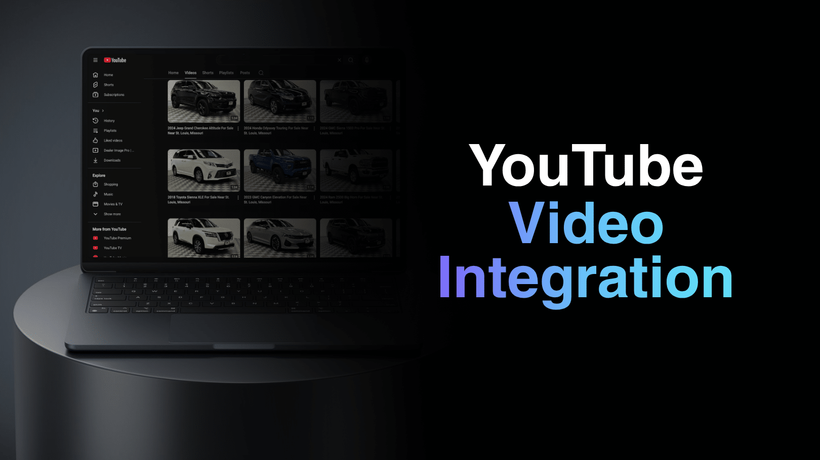 YouTube video integration by Dealer Image Pro showcasing a customer YouTube channel with auto-populated vehicle videos.